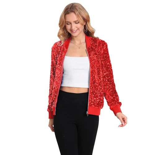 Women's Sequin Jacket Long Sleeve Blazer Glitter Front Zip With Pockets Casual Sparkly Party Velvet Bomber4