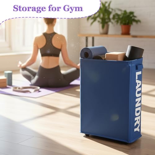 Image of Narrow Laundry Basket with Wheels, 42L Slim Rolling Laundry Hamper with Brake, Collapsible Dirty Clothes Hamper with Mesh Cover & Handle, Storage Bin for Dorm, RV, Small Spaces, Navy Blue