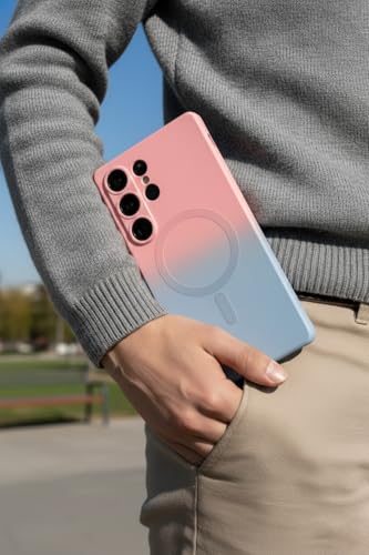 Image of amazon basics Gradient Mag-Safe Case for Samsung Galaxy S25 Ultra 5G | Soft Silicone Shockproof Cover with Camera Protection | Slim Lightweight Design | Smooth Touch & Durable - Pink & Blue