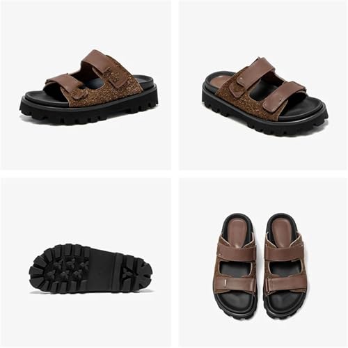 Women's Calfskin Leather Hook & Loop Slippers - Thick Sole Summer Beach Flats 6