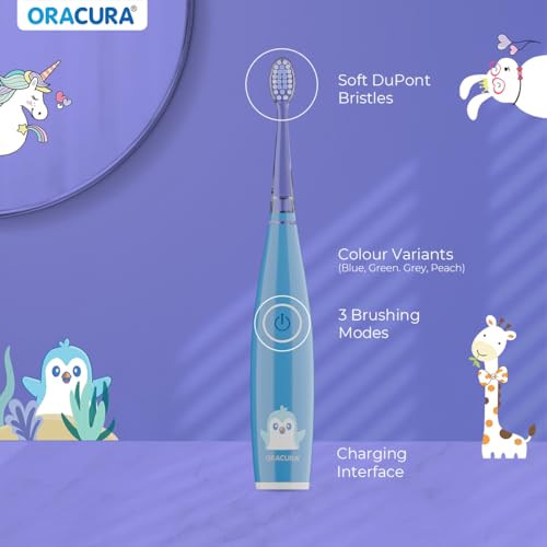 Image of ORACURA KSB200 Kids Sonic Electric Rechargeable Toothbrush, 3-10 Years, 24,000 strokes /min, With 3 Modes, IPX7 Waterproof, Smart 2-Min Timer, Rechargeable Lithium Battery, LED & Colorful Lights (Blue)