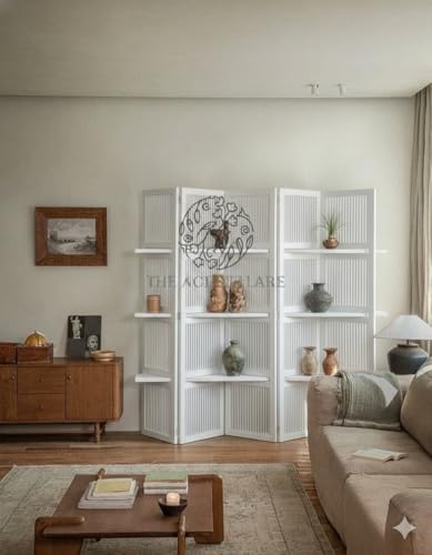 Image of Wooden Partition Divider for Living Room, Partition Wall, Privacy Divider, Freestanding Folding Panels for (6 Feet 5 Panel with 3 Shelve) (6 Feet 5 Panel White with 3 She;lves)