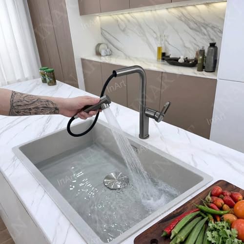 Image of INART Luxury Pull-Out Kitchen Faucet - Brass Mixer Tap with Dual Flow Modes, 360 Rotation & Hot /Cold Water Control | Gun Grey