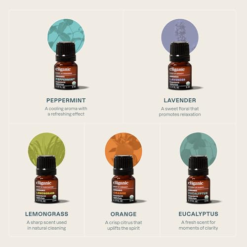 Image of Cliganic Organic Essential Oils Set for Home Diffuser, 100% Pure, Top 5