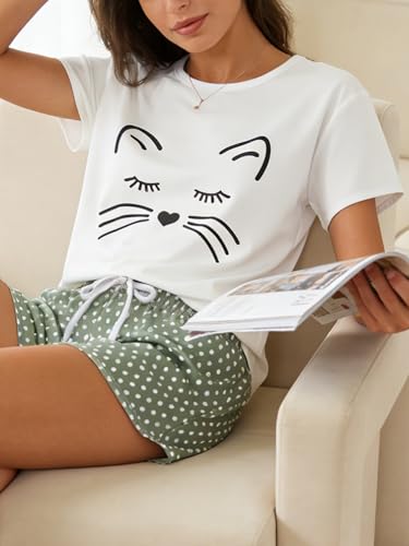 Image of VENTELAN Pajama Set For Women Cute PJS Summer Short Sleeve Shorts Sleepwear