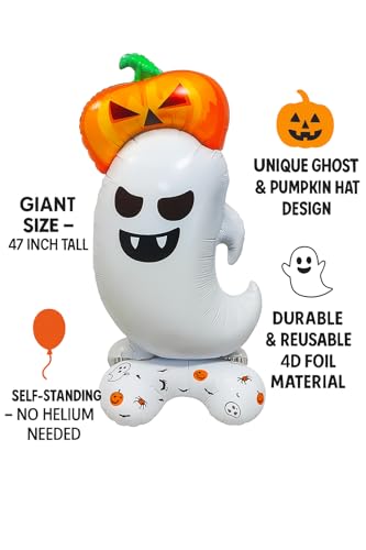 Image of AMFIN (Pack of 1) Self Standing Halloween Ghost Funny Balloon with Pumpkin Hat - 47 inch Tall Self-Standing Foil Balloon | Giant Inflatable Air Balloon - White