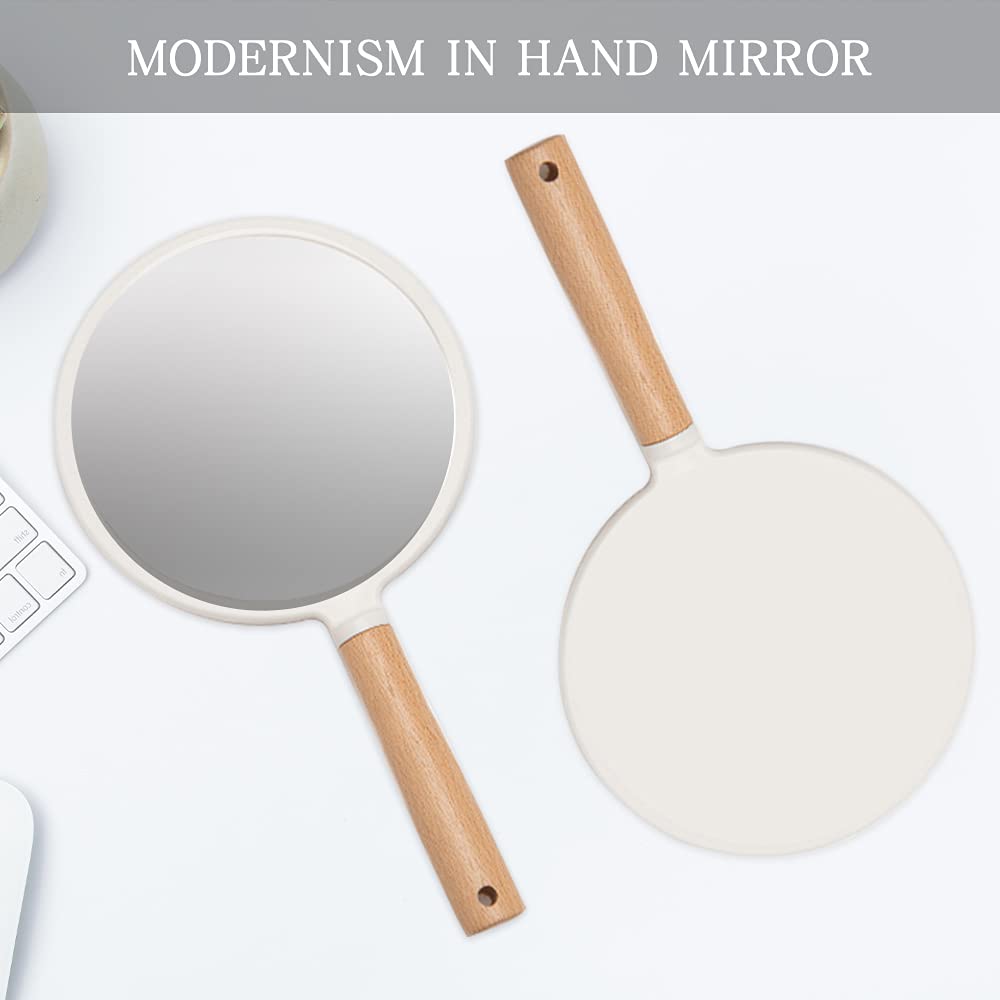 YEAKE Specchio a mano con manico per trucco, piccolo specchio in legno carino per rasatura con foro da appendere su un lato, portatile, da viaggio, per uomini e donne (rotondo)