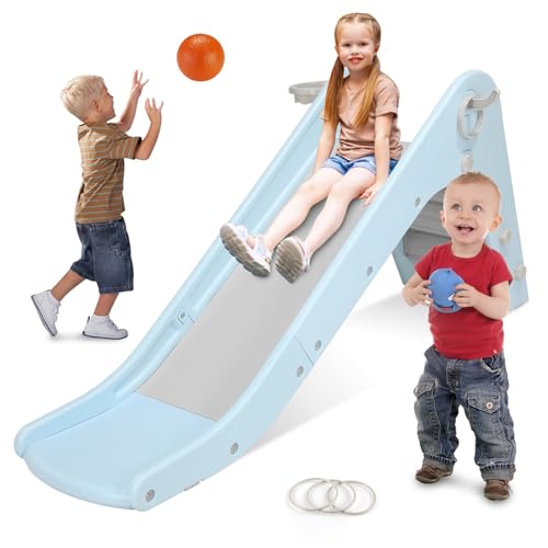Kinderrutsche Rutsche Indoor ab 2 Jahr, 190CM Kinder Rutsche mit Basketballkorb und Zwinge, Treppenrutsche, Kunststoff Gartenrutsche, Outdoor Rutsche für Kinder Spielplatz, Blau-Grau