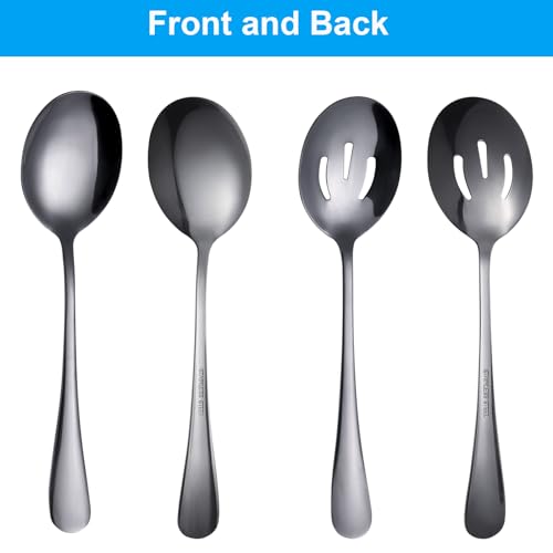 6 Pieces Serving Spoons Set 8.7 Inch, Includes 3 Serving Spoon and 3 Slotted Spoon, Stainless Steel Buffet Banquet Spoons, Large Kitchen Utensils Cutlery, Black
