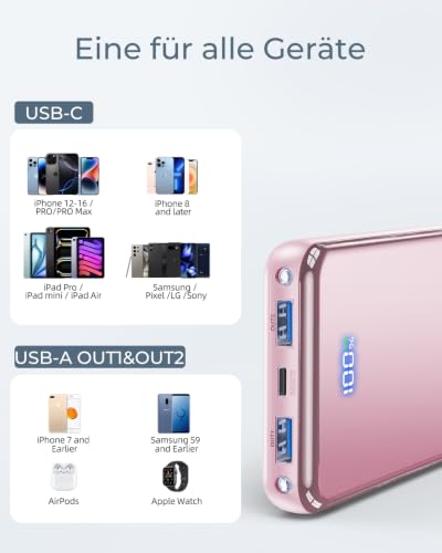 Power Bank, 30% Größere Kapazität 26800mAh Powerbank, mit 3-in-1 Kabel,Rosa – Ansicht 4