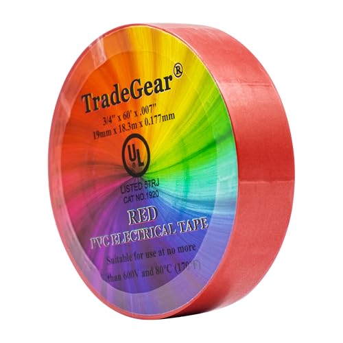 Image of TradeGear Colored Electrical Tape - PVC General Purpose - Waterproof, Flame Retardant, Rubber Based Adhesive, UL Listed - Rated for Max. 600V and 80oC Use - 60' x 3 /4 inch x 0.07 inch (1 Pk Red)