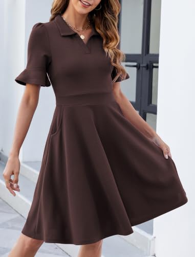 Image of Mokayee Womens Summer Ruffle Sleeve Collared V Neck Fit and Flare Elegant A line Swing Dresses with Pockets
