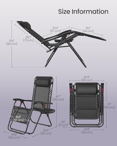 SONGMICS Set of 2 Zero Gravity Chairs, Folding Sun Loungers with Tray, Adjustable Headrest, for Patio, Garden, Max. Load 110 kg Each, Black UGLB032BZ02 - 2