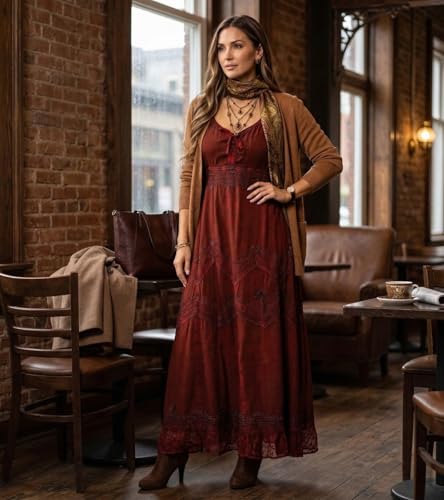 Image of Sakkas Stonewashed Rayon Embroidered Adjustable Spaghetti Straps Long Dress