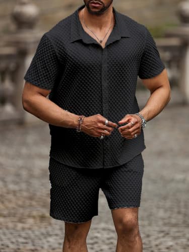 Image of Zilcon Men's 2 Piece Outfit Casual Short Sleeve Button Down Shirt Beach Summer Loose Pant Sets