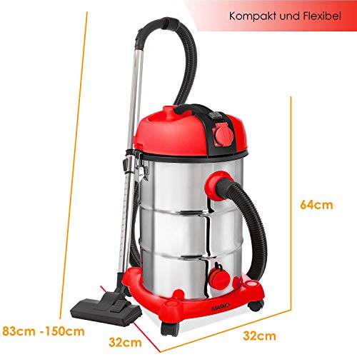 MASKO® Aspirateur industriel Aspirateur eau et poussière aspirateur acier inoxydable 2 300 W + prise électrique Fonction soufflage Aspiration à sec et aspiration de l'eau | Push&Clean, rouge - Image 8