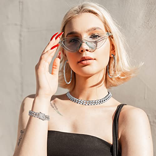 Cuban Link Chain Necklace Bracelet Rhinestone Hoop Earrings Set Bling Necklace Bracelet Crystal Big Circle Earrings For Girls (Silver, 20 Inch) #TOP3