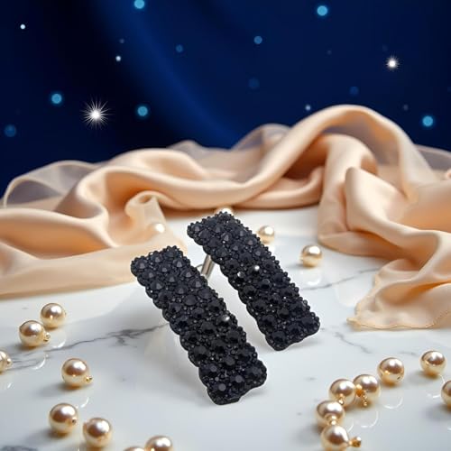 2 Pinzas para el cabello con cierre a presión y decoración de piedras negras para mujeres y niñas, diseño rectangular coreano miniatura 5