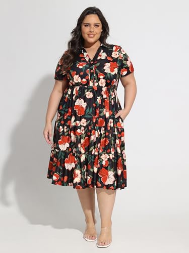 Image of CARCOS Plus Size Dresses for Curvy Women Collared Vneck Short Sleeve Dresses Midi Summer Ruffle Dress with Pocket XL-5XL