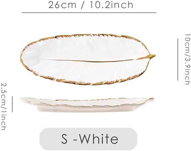 Beautiful Home Supplies Gold-Plated Ceramic Plate Fashion Feather Design Fruit Plate Tray Tableware Accessories Dessert Fruit Plate Kitchen Dinner Plate/Small-White