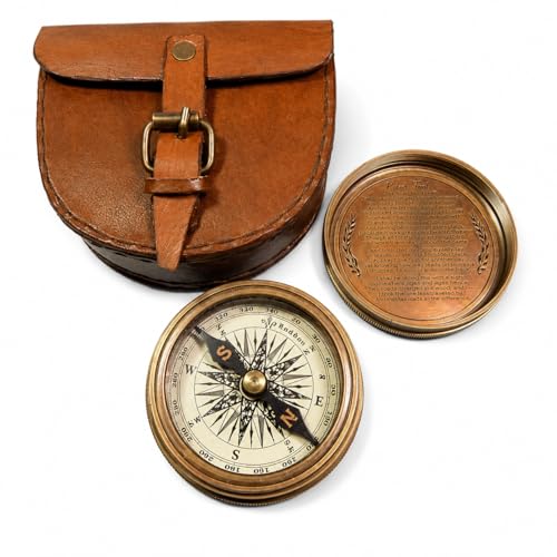 Authentic Vintage Style Brass Pocket Compass with Leather Case Rustic Vintage Home Decor Gifts