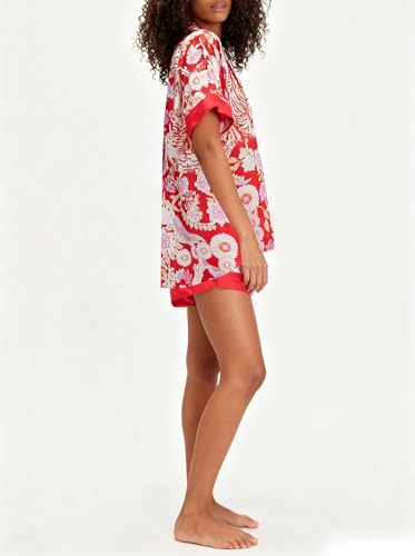 Image of Women Silk Pajamas Floral Satin 2 Piece Pajama Sets | Button Down Short Sleeve Shirt and Elastic High Waist Shorts, Vintage 2Pcs Pj Sets, Two Piece Lounge Set, Elegant Sleepwear
