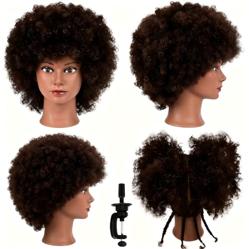 headdoll Afro Curly Mannequin Head with 100% Human Hair Curly Hair Hairdresser Hair Styling Cosmetology Manikin Head Doll head for Hairdresser Practice Styling Dye Braiding with Clamp Stand