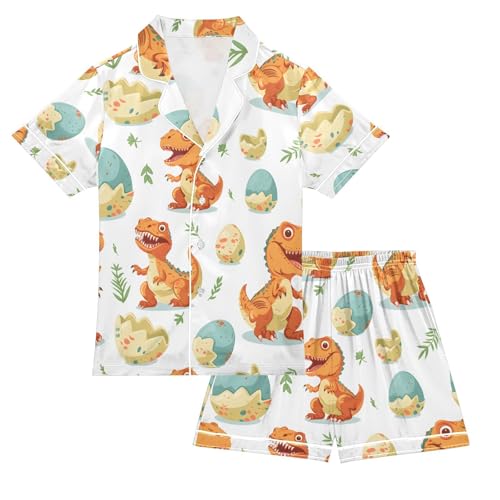 ALAZA Dinosaur with Egg Leaves Pajamas Satin Pajama Set Short Sleeve Button Down Sleepwear