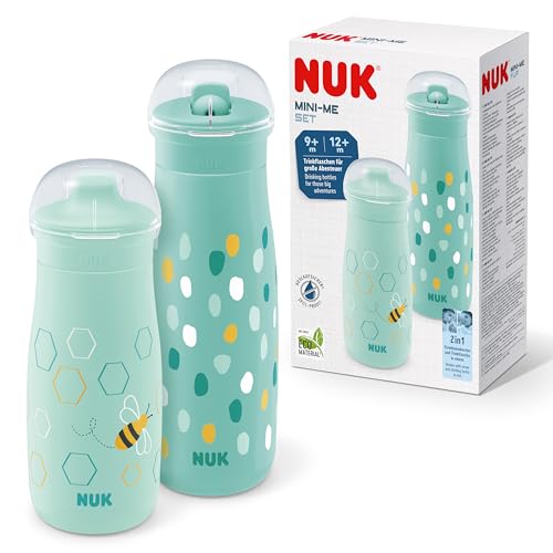 NUK Mini-Me Cup Set für Kleinkinder | Sip & Flip-Aufsätze | 9-12+ Monate | 300 ml & 500 ml | Trinkflaschen für Kinder | Auslaufsichere, beißfeste Tülle & Trinkhalm | Bruchsicher | Mint Dots & Bee
