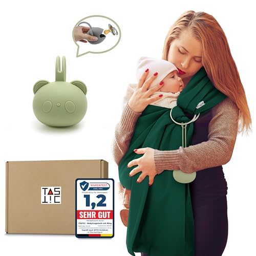 TASTIC Babytragetuch mit Ring für freie Hände als Set inkl. Schnullerbox - Zum Anhängen von Portmonnaie oder Schnullerboxen - Die Babytrage ab Geburt in der Farbe Grün