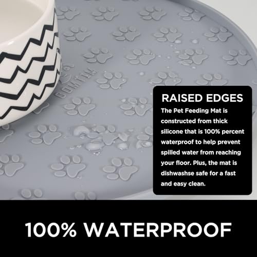Comtim Waterproof Dog Food Mat - 2 Pack Silicone Pet Food Mat Dog Food Bowl Mats Cat Water Mats Eating Tray, Non-Slip Pet Placemat with Lip for Messy Drinkers to Protect Floor,Light Grey 11\"