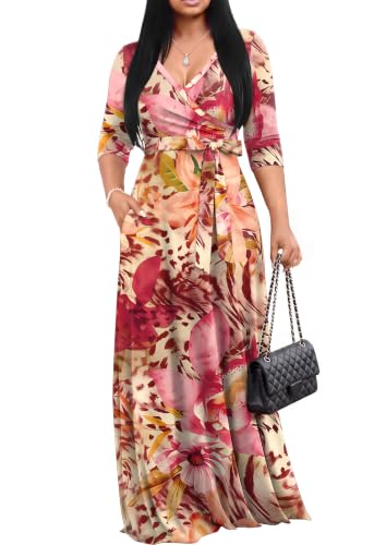 Image of FANDEE Plus Size Maxi Dress for Women Casual Summer Sundress V-Neck 3 /4 Sleeve