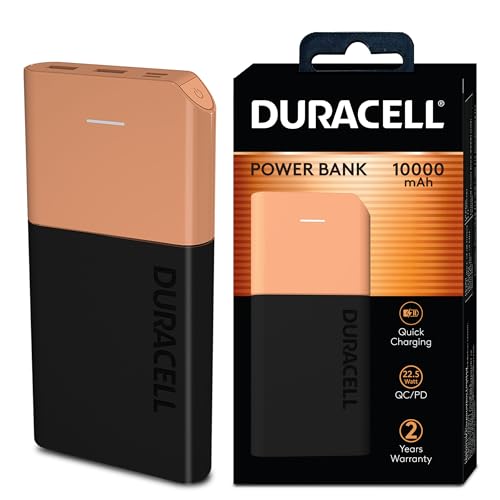 Duracell Power Bank 10000 mAh, Portable Charger, USB C/Micro USB Input, USB A/USB C Output, Fast Charge Technology, 22.5W Power Delivery for...