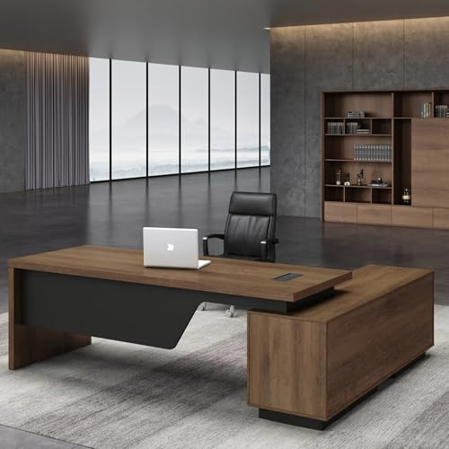 Image of Home & Office Director Table Made in Particle Board with Side Unit L Shape Design Office Desk Multi Drawer Openable Shutter-Brown Color 5-Year Warranty & Free Assembly (LDL-551)
