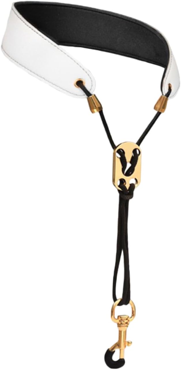 Leather Saxophone Neck Strap with Padded Shoulder Support, Universal Sax Strap for Alto Tenor Soprano, Sturdy White Saxophone Harness Suitable for Woodwind Instruments