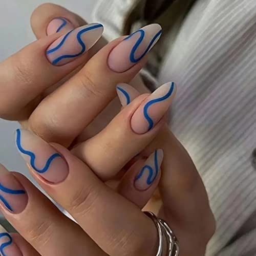 Press on Nails Almond Medium Fake Nails Nude French Tip Nails with Blue Swirls Design Full Cover Reusable Artificial Acrylic Coffin Nails Glossy Nails Set Glue on Nails Stick on Nails for Women