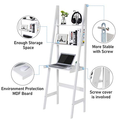 Itaar 3-Tier Ladder Desk, Ladder Stand Shelf Bookcase with Storage Shelves, Study Wall Shelf with Wooden Frame, Modern Ladder Computer Desk and Bookshelf for Home Office, White