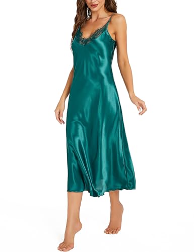 Image of Litherday Silk Nightgown for Women Long Satin Slip Dress Nightdress Silky Chemise Nightie Soft V Neck Nightwear