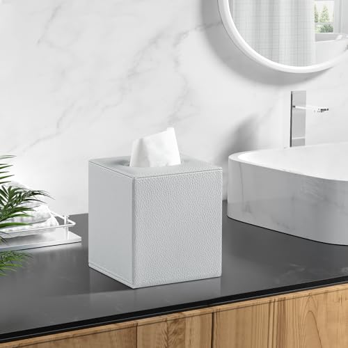 JLAMBOM PU Leather Tissue Box Cover Square Tissue Box Holder with Magnetic Closure, Decorative Tissue Holder for Bathroom Bedroom Office (Grey) by JLAMBOM - Image 2