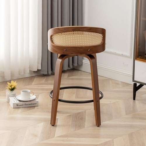 Image of 30 inch Swivel Rattan Bar Stools Set of 3 Mid-Century Modern Faux Leather Upholstered Bar Height Stools Kitchen Island Barstool with Rattan Low Backrest,Walnut Wood Finish Bar Chairs,Green PU