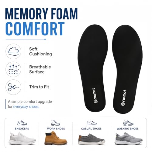 Image of riemot Memory Foam Insoles for Men & Women, Soft Replacement Innersoles for Sneakers Walking Shoes, Comfort Cushioning Shoe Inserts Black-8mm EU 42