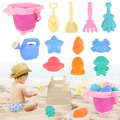 Euakee Brinquedos de praia, 12 peças brinquedos de areia de praia, brinquedos de praia bebé com pónei cubo de praia dobrável, moldes de areia e palhetas de praia para menino menina (rosa)