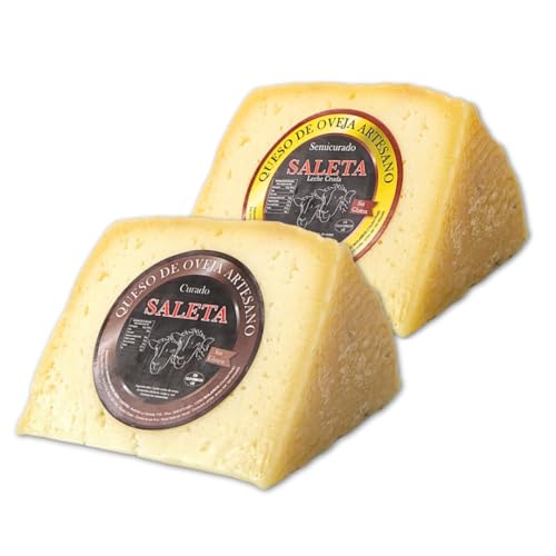 Amaisso® Caja de Quesos Regalo Gourmet | Surtido de 2 Cuñas de Queso Semicurado y Curado de Oveja | Quesos Artesanos de La Mancha | 'Pack Esencial 500 gr' SALETA
