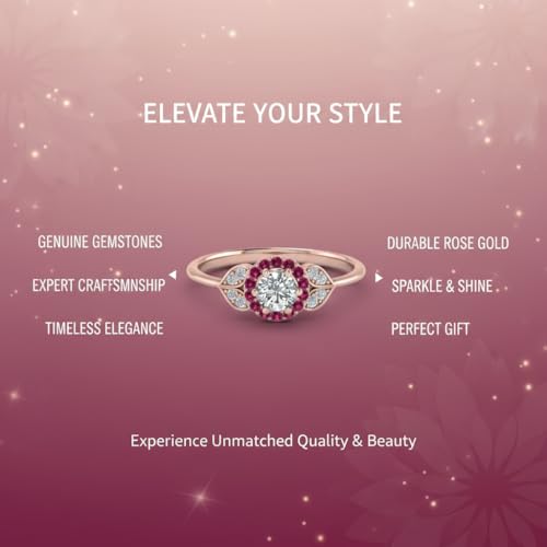 Image of Rose Gold Plated Diamond CZ & Blue Sapphire Petal Halo Engagement Ring for Women, Petite Round Shape Wedding & Everyday Jewelry, Handmade Gift for Wife US Size 4-12