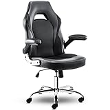 Ergonomic Gaming Office Chair - PU Leather Executive Swivel Computer Desk Chair with Flip-up Armrests and Lumbar Support for Working, Studying, Gaming, Grey