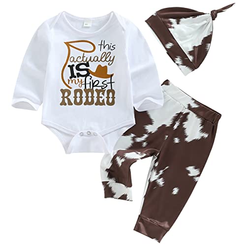 Image of Newborn Infant Baby Boys Clothes Western Cowboy Letters Print Long Sleeve Bodysuit Pants Hat 3PCS Outfit Set