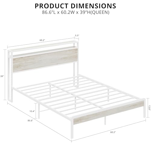 Image of LIKIMIO Queen Bed Frame with Headboard, Wood Camas Queen with Strong Supports, Sturdy, Noise-Free, No Box Spring Needed, White Maple