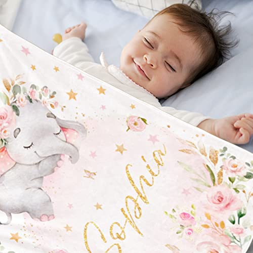 Image of Personalized Elephant Blanket with Name for Girl Custom Blanket for Teens