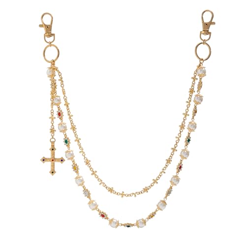 Fashion Layered Pants Wallet Chains - Exquisite Gold Silver Rhinestone Flower Pearl Jean Pocket Chain for Women Men Cute Bag Purse Charms Jewelry (gold link daisy)