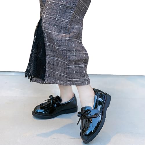 WUIWUIYU Girls School Uniform Dress Loafer - Cute Black Bow Slip-on Flat Shoes, Size 2 angle 4
